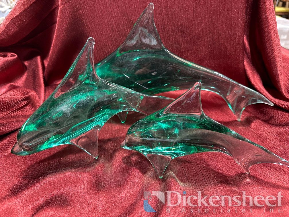 GREEN GLASS DOLPHIN SET, QTY (3)