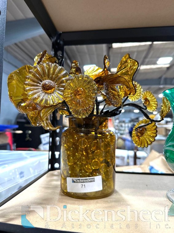 HAND BLOWN GLASS AMBER FLOWERS WITH VASE
