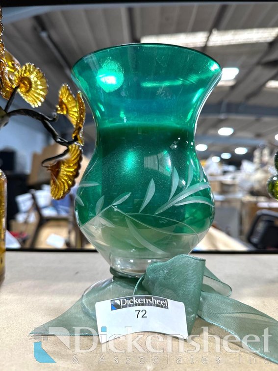 EMERALD GREEN FOOTED HURRICANE VASE.
