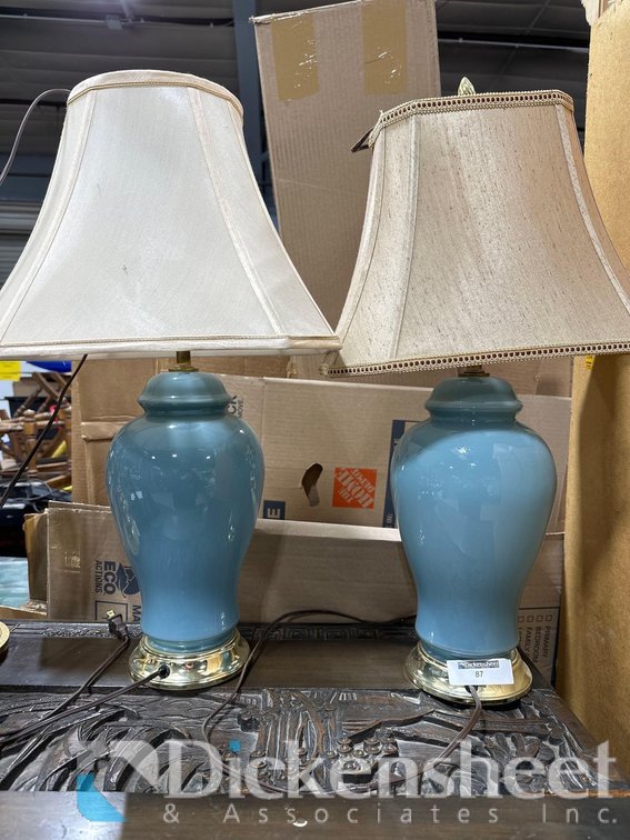 SET OF BLUE TABLE LAMPS WITH OFF WHITE SHADES