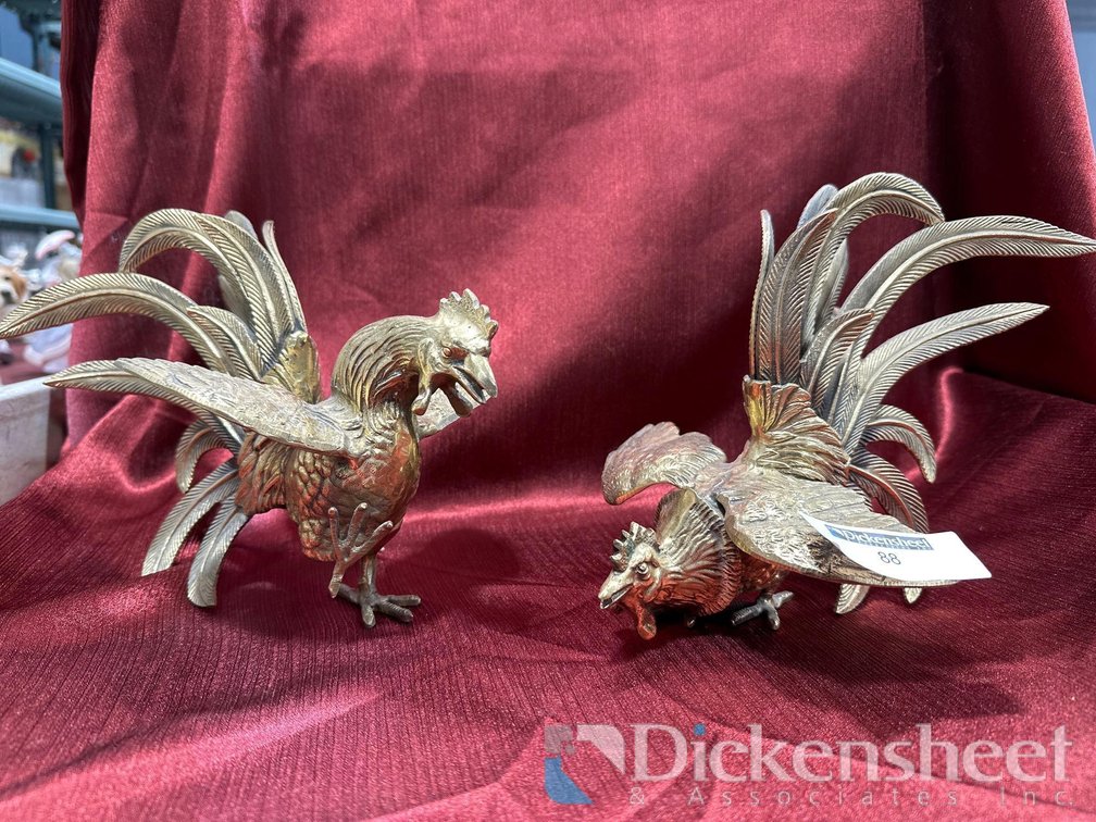 PAIR OF  BRASS FIGHTING FIGHTING ROOSTERS