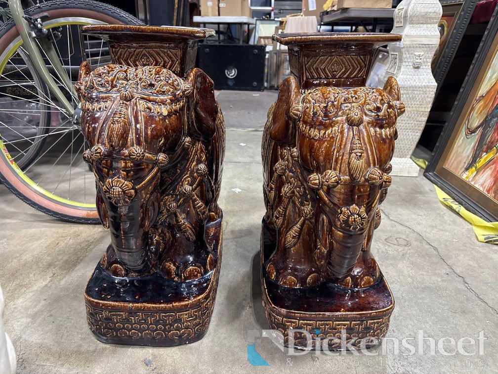 PAIR OF BROWN GLAZED CERAMIC ELEPHANT PLANT HOLDERS