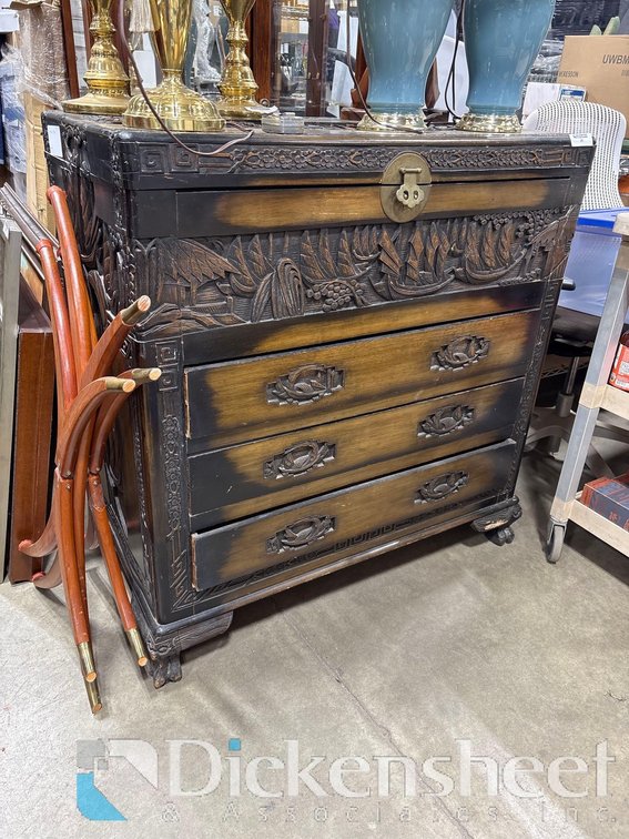 WOOD HAND CARVED CHEST WITH FOUR DRAWERS