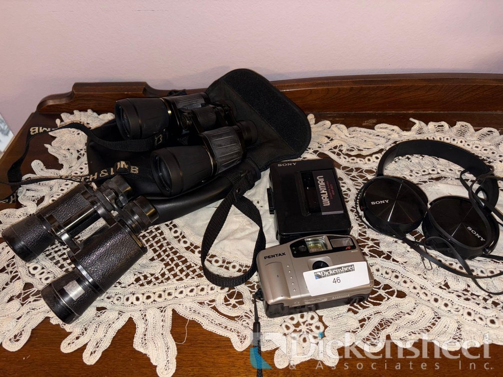 VINTAGE BINOCULARS, SONY WALKMAN, SONY HEADPHONE, PENTAX CAMERA