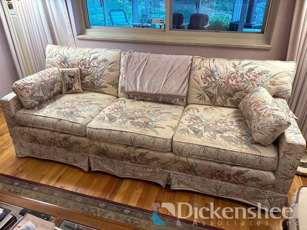 WHITE BLUE / PINK FLORAL SOFA AND HIGHBACK ARM CHAIR