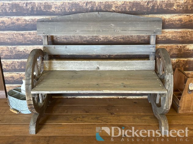 Image for RUSTIC WOOD BENCH WITH WAGON WHEEL ARM RESTS
