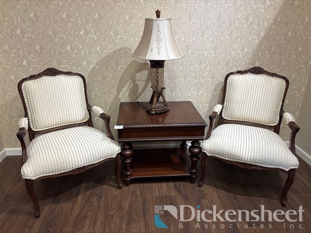 Image for WOOD SIDE TABLE, LAMP, AND UPHOLSTERED WOOD FRAME CHAIRS