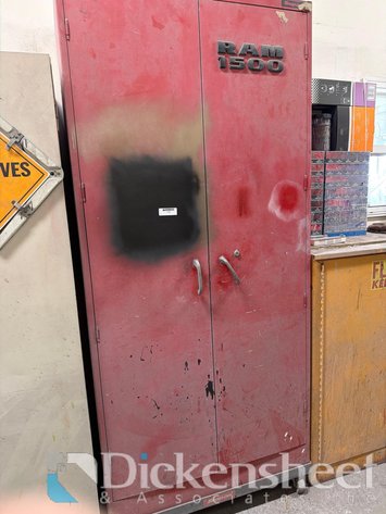 Image for RED DOUBLE DOOR STORAGE CABINET WITH CONTENTS
