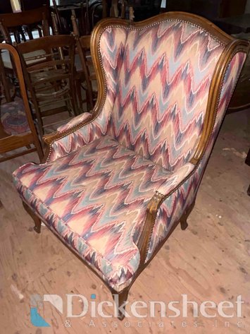 Image for VINTAGE WINGBACK CHAIR WITH  CHEVRON MULTI COLORED UPHOLSTERY