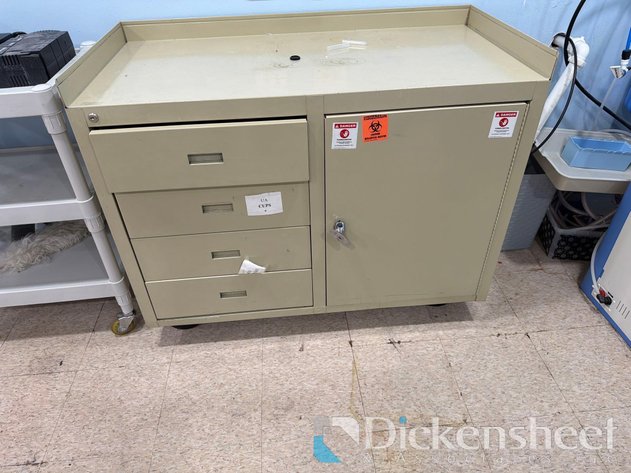 Image for TAN SINGLE DOOR, FOUR DRAWER STORAGE CABINET ON CASTERS