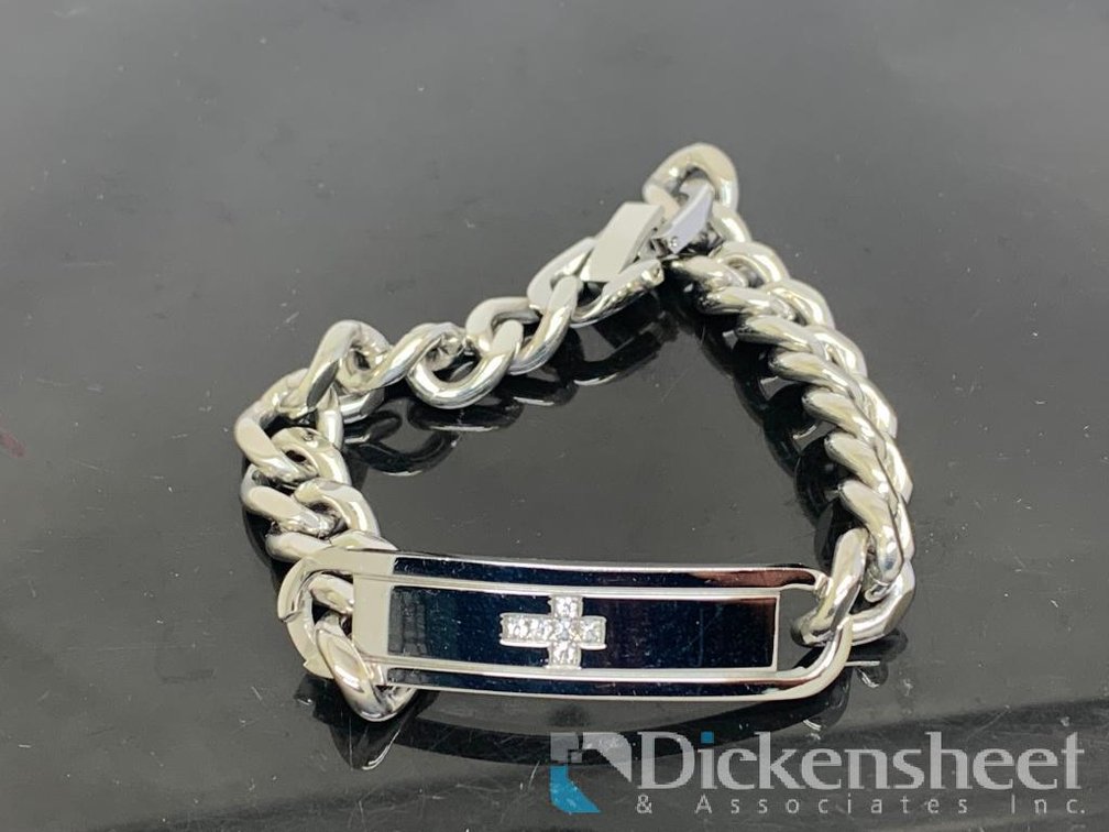 Silver Tone Tag Cross Men's Bracelet