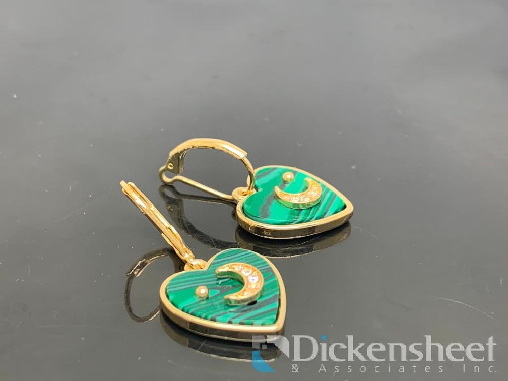 Gold Tone Green Heart Shape Dangle Half a Moon Earrings
