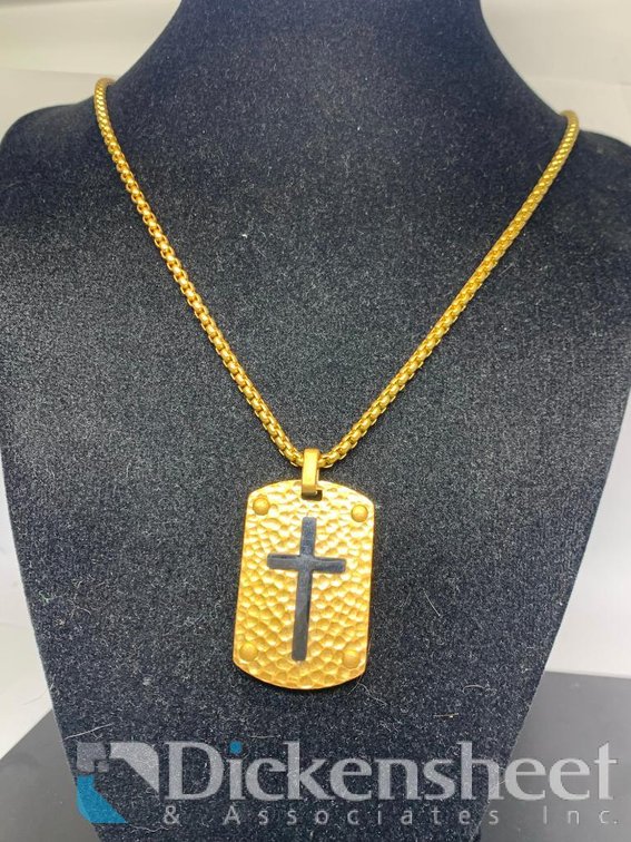 Gold Tone Cross Dog Tag Necklace