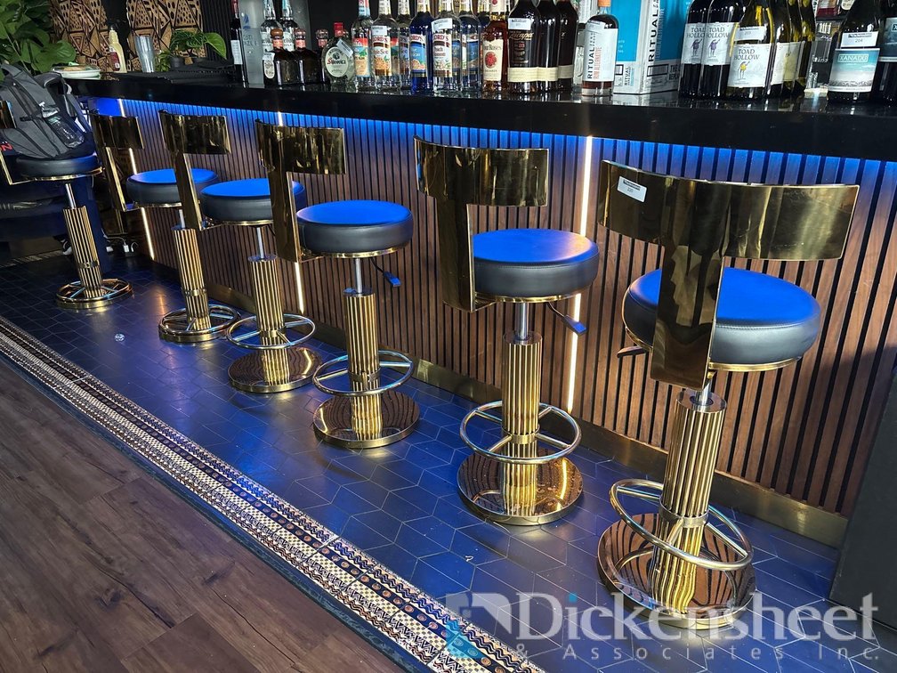(6) GOLDEN MIDBACK BAR STOOLS WITH BLACK LEATHERETTE UPHOLSTERY