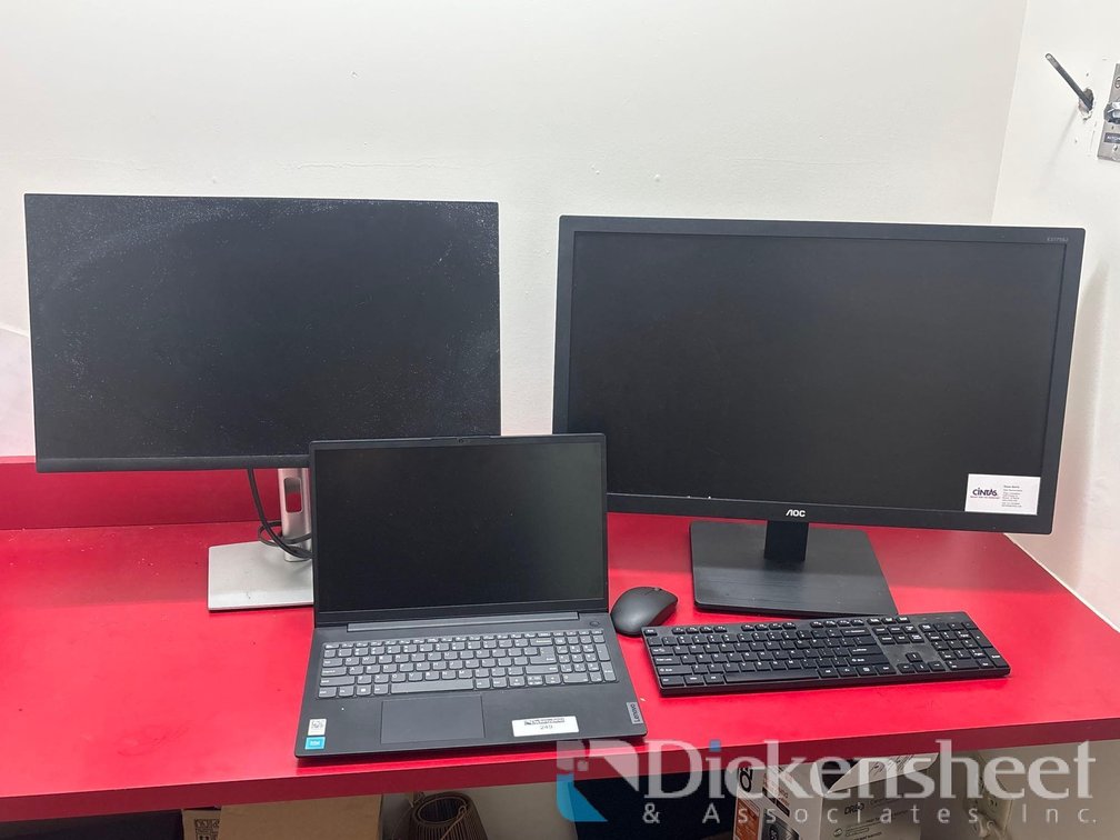 COMPUTER MONITORS, KEYBOARD, MOUSE, AND LENOVO LAPTOP