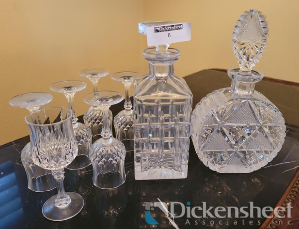 Image for (2) CRYSTAL DECANTERS WITH (6) SMALL STEMMED GLASSES