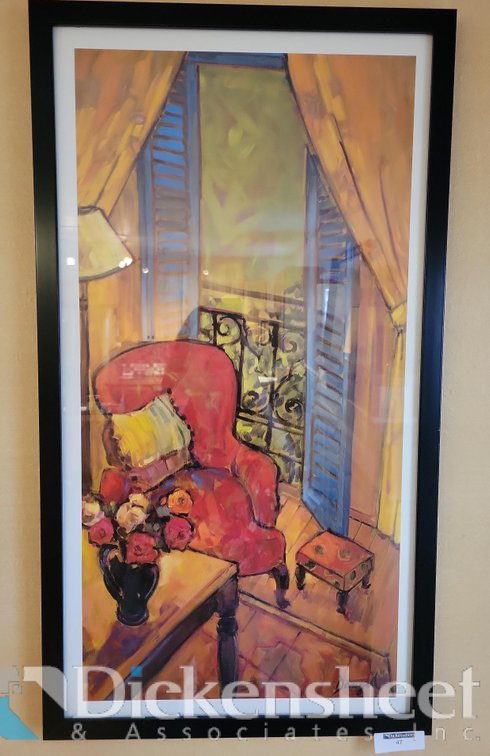 JAE DOUGAL SIGNED PRINT TITLED " LIFE WITH CHAIR", (3) 4 INCH DECORATIVE TILES