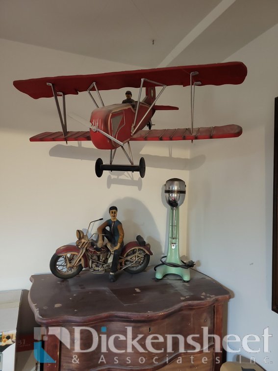 WOODEN MOTORCYCLE, AIRPLANE AND MALT MIXER