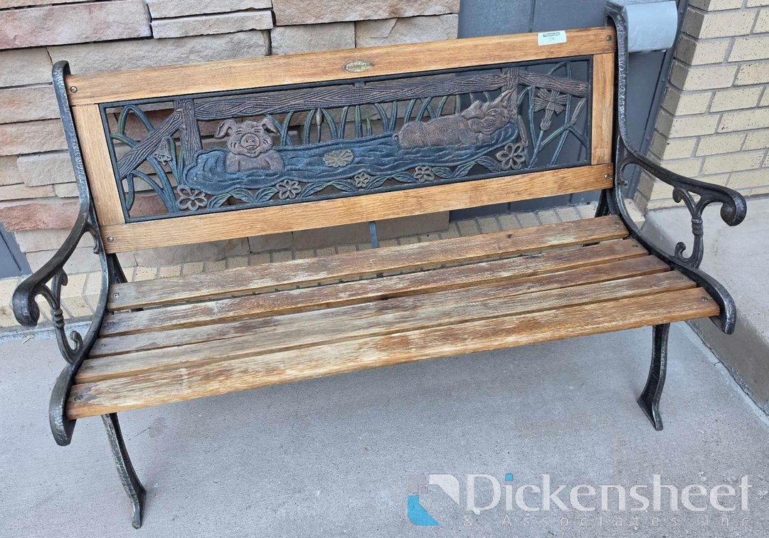 PORCH BENCH WITH SWINE EMBELLISHMENTS