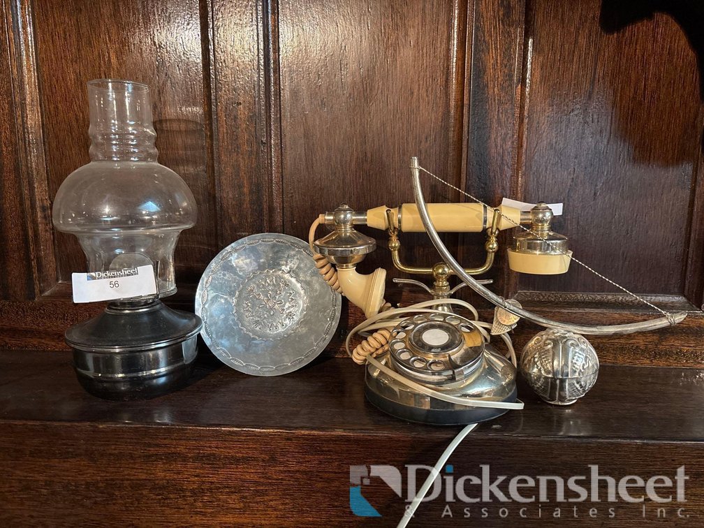 VINTAGE TELEPHONE, GAS LAMP, AND DECORATIONS