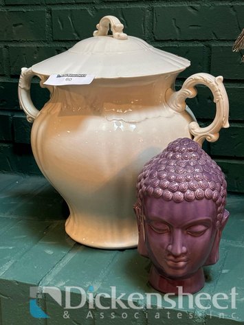 Image for ANTIQUE WHITE IRONSTONE SOUP TUREEN WITH CERAMIC BUDDHA HEAD