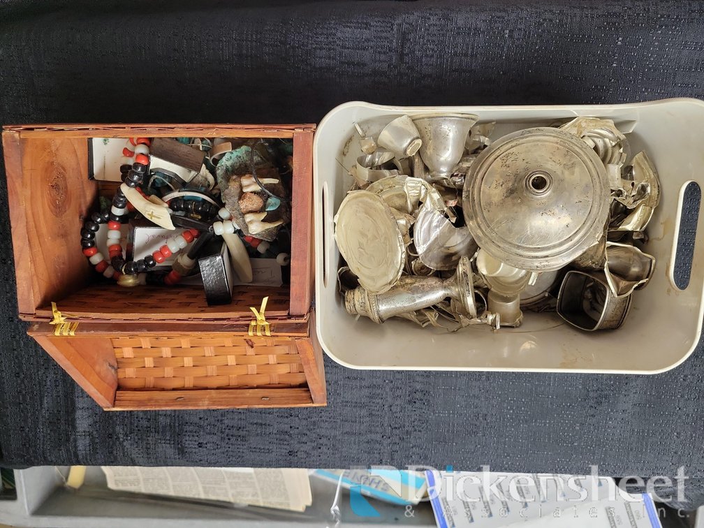 BOX OF SILVER PLATING SCRAPS AND BOX OF COLORED STONES