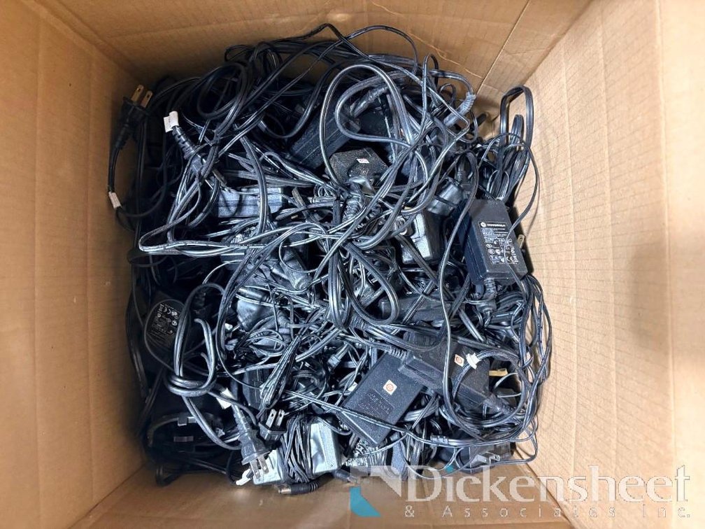 Bin of Black Motorola AC/DC Power Adapters