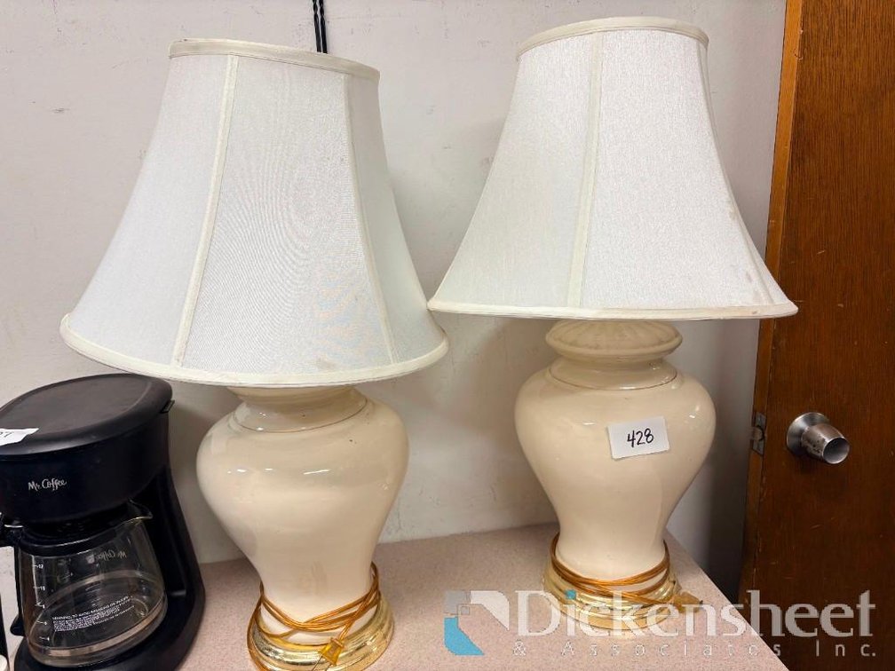 (2) Urn Table Lamps Ivory & Brass Ceramic