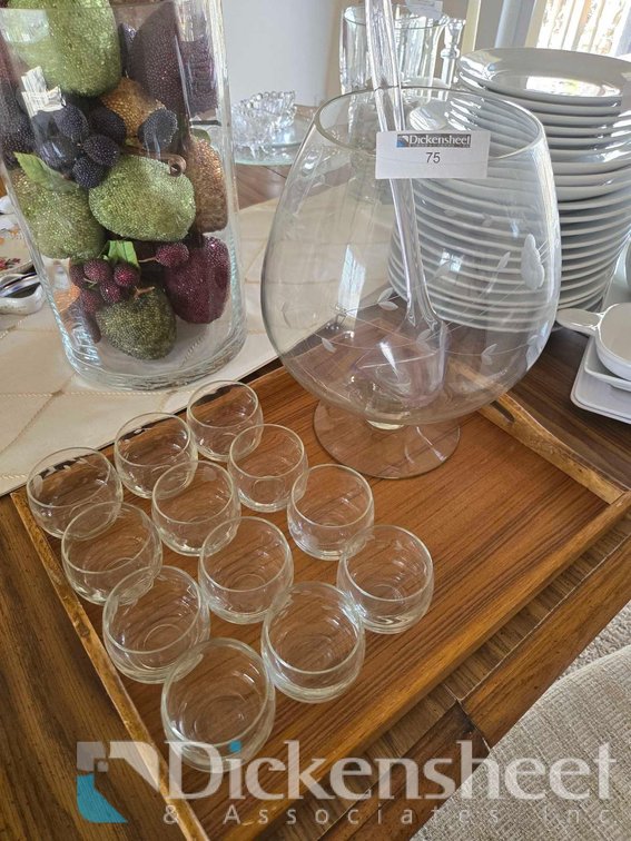 BRANDY SNIFTER WITH SMALL GLASSES AND SERVING TRAY 