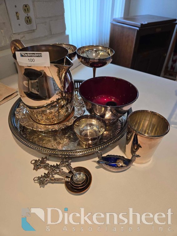 ASSORTED PITCHER, TRAY, GLASSES, OTHER SILVER LOT 