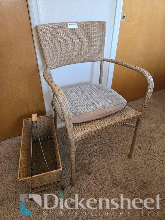 WICKER ARM CHAIR AND MAGAZINE RACK