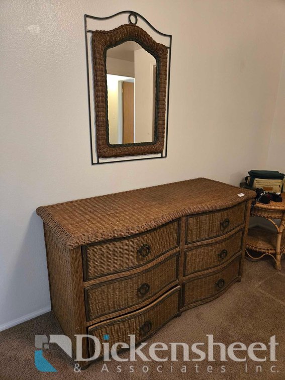 PIER 1 WICKER SIX DRAWER DRESSER WITH FRAMED MIRROR 