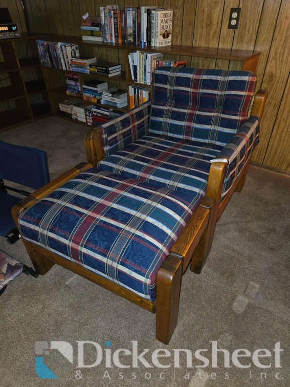 VINTAGE PATTERNED WOOD THREE CUSHION COUCH AND LOUNGE CHAIR 
