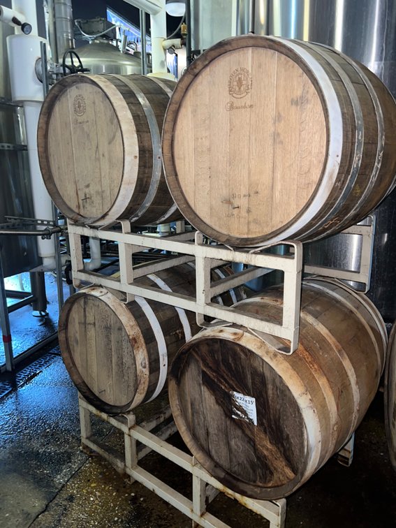 (4) Wooden Casks with (2) Cask Racks