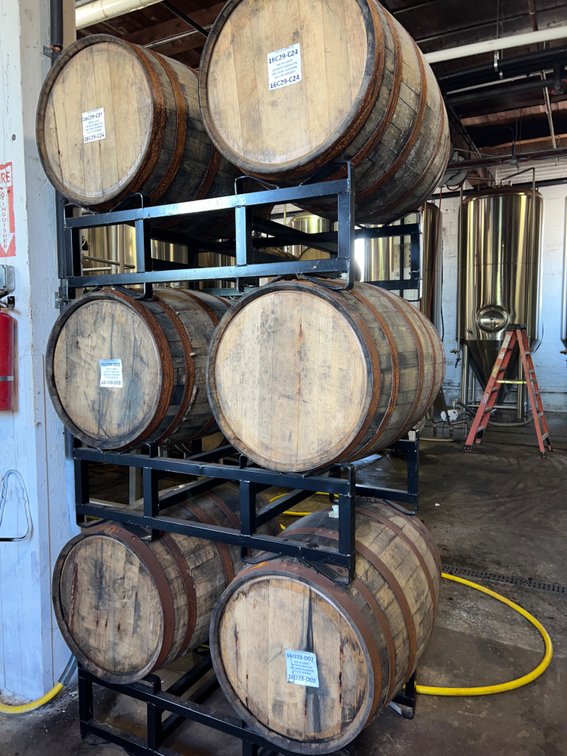 (6) Wooden Casks with (3) Cask Racks