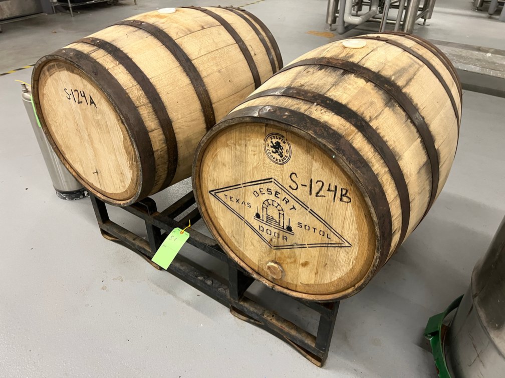 (2) Wood Barrels and Barrel Stand