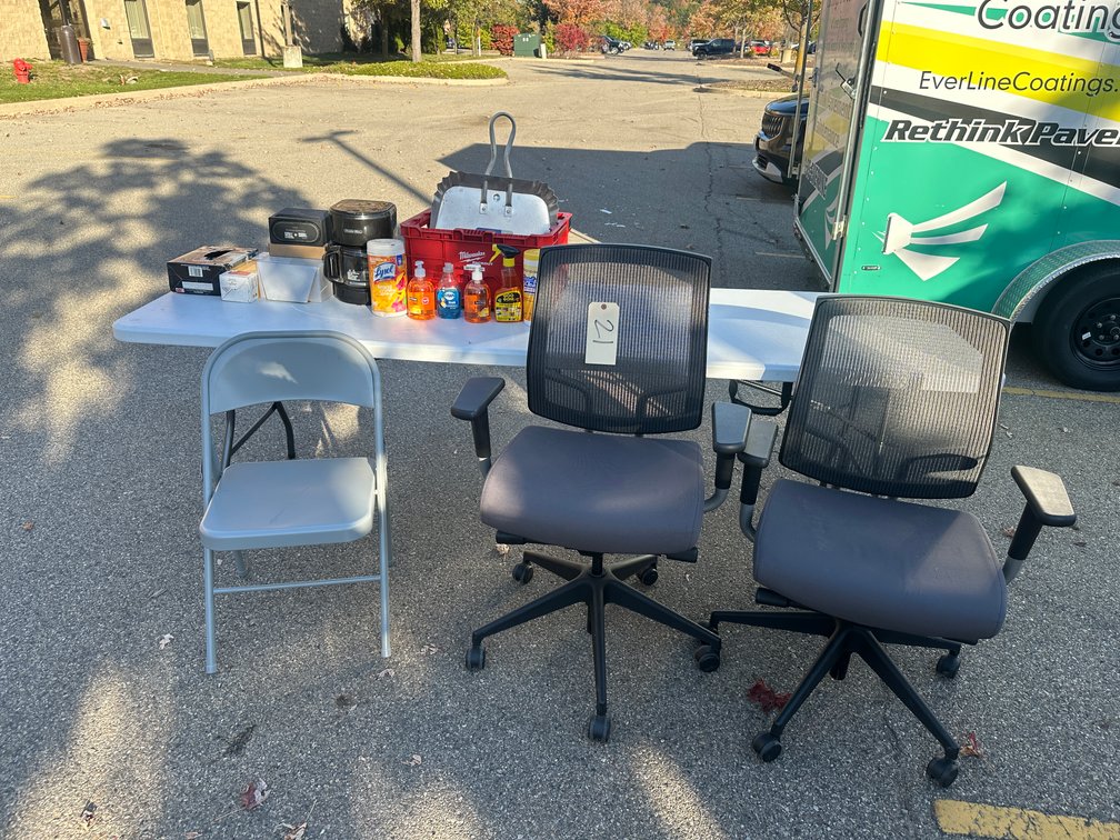 Assorted Office Furniture and Supplies - VERIZON Internet Gateway, Chairs, Folding Table, Coffee Maker, Cleaning Supplies
