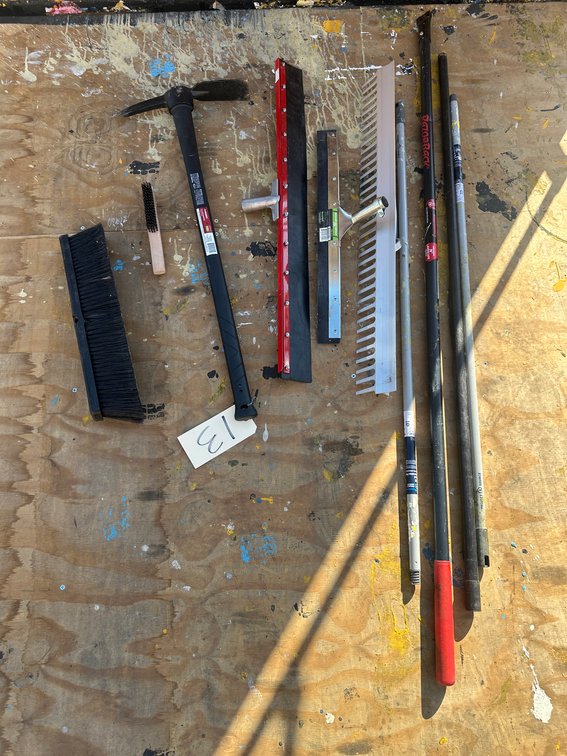 Assorted Landscaping / GC Tools - Pick Mattock, Landscape Rake, Squeeguie, Wire Brush, Broom