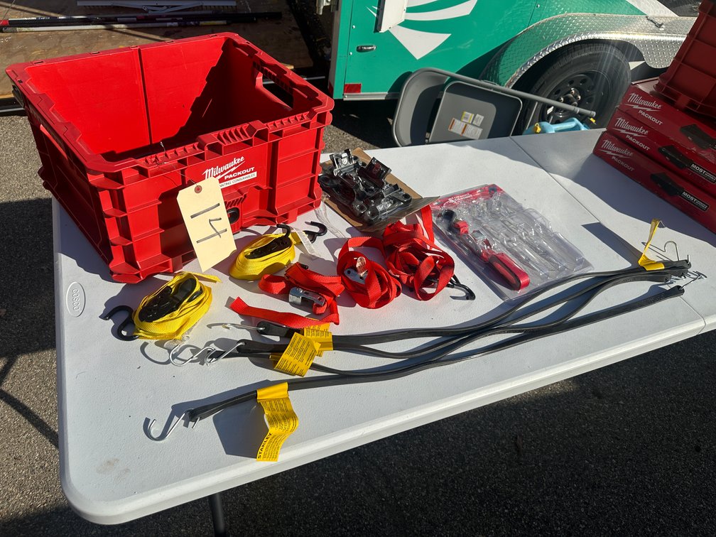 Assorted Ratchet Straps, Bunjee Cords, (4) pc OEM FORD BoxLink Cleat in MILWAUKEE Packout Box