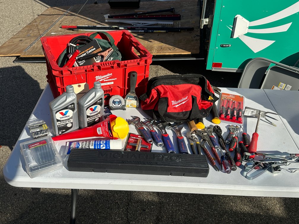 Assorted General Tools, Automotive Supplies, Jumper Cables, MILWAUKEE Tool Bag & Packout Box