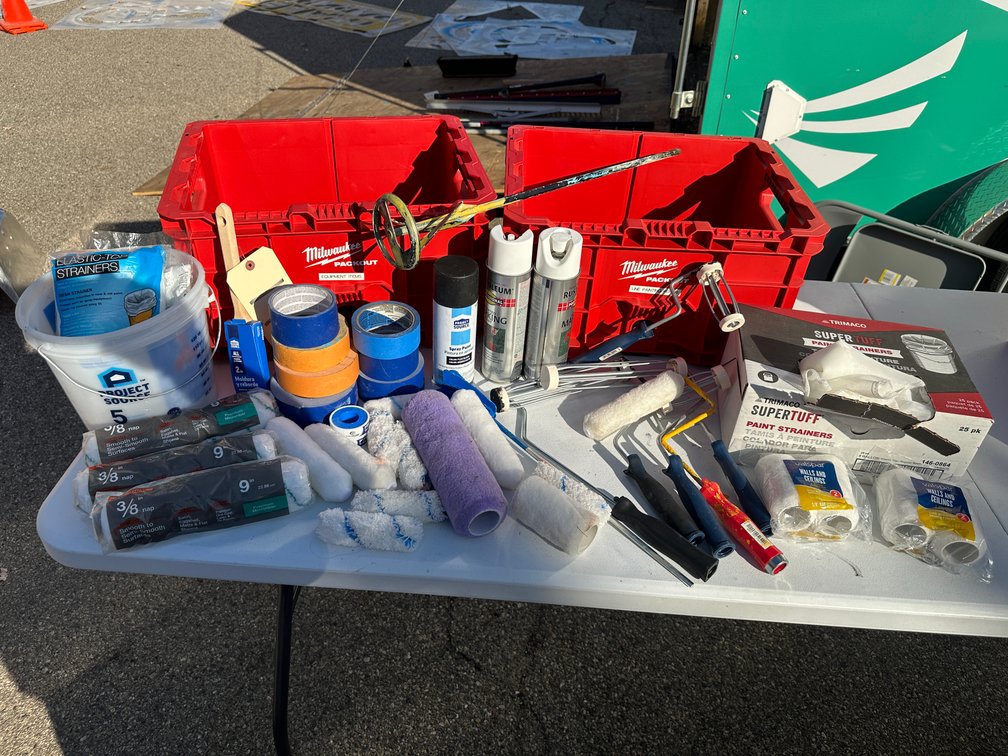 Assorted Paint Supplies - Spray Paint, Rollers, Brushes, Tape, Buckets, Paint Strainer Bags, Mixer Tool