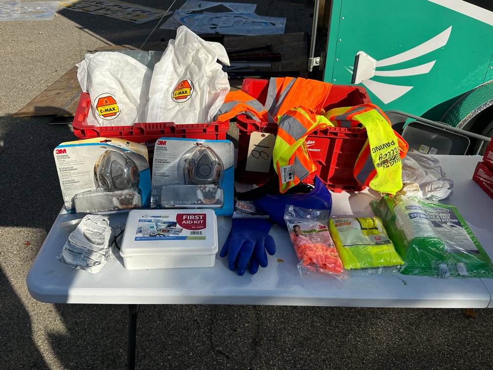 Assorted PPE Gear - High Vis Vests, 3M Respirator Masks, Ear Plugs, Coverall Suits, Gloves