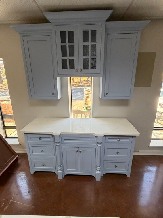 Light Blue Cabinetry Set with White Countertop, Storage Drawers & Matching Glass-Front Upper Cabinets
