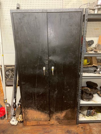 Image for Steel Storage Cabinet with FRAM Gear Oil, Paint and Hand Pump