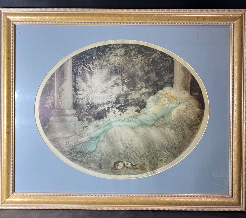Louis Icart Framed Print of Reclining Woman with Dog