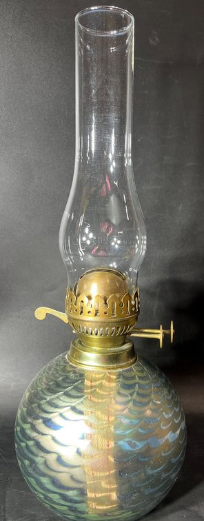 Iridescent Glass Oil Lamp with Brass Burner and Chimney