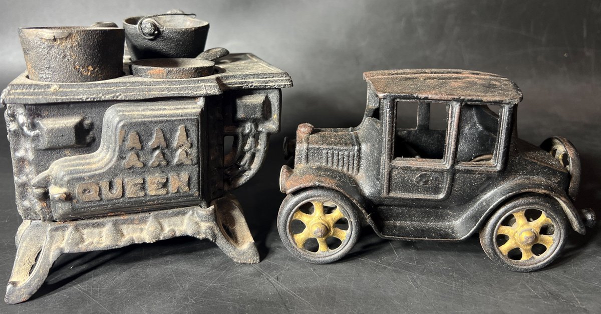 Cast Iron Queen Stove with Accessories and Vintage Car Toy