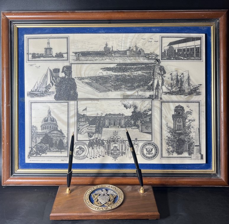 United States Navy Solid Walnut Pen Holder and Framed Print by John Wills Studios