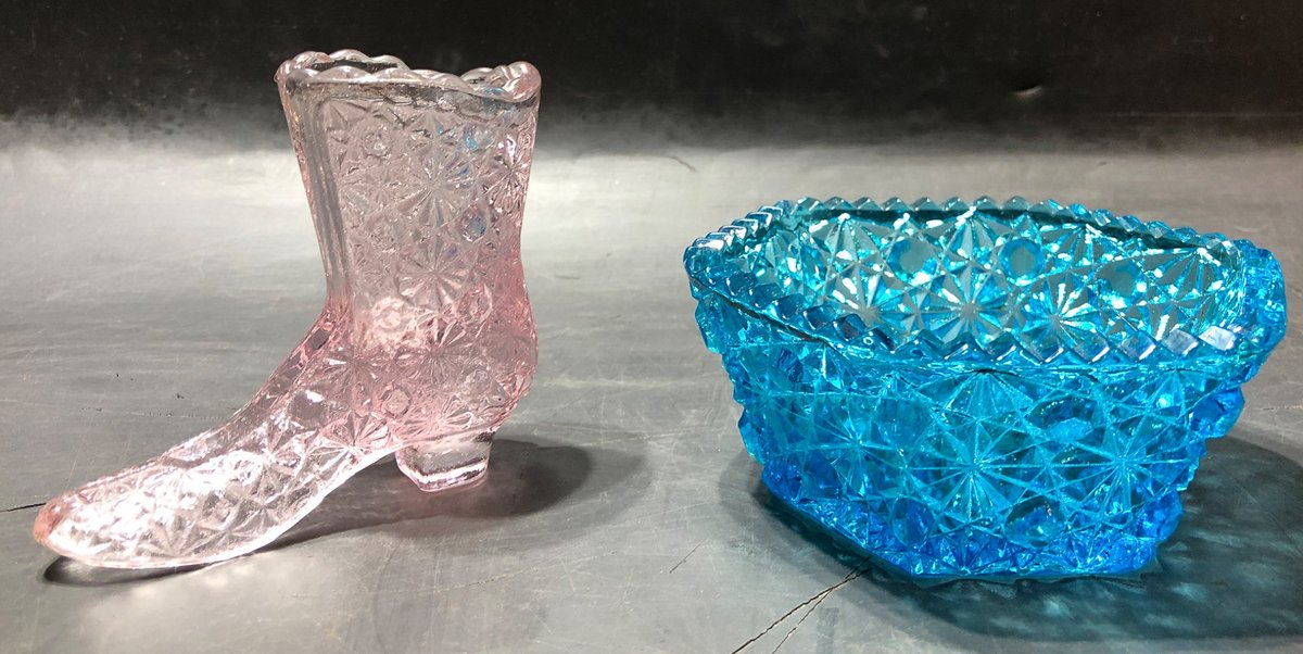Two Pressed Glass Decor Items: Pink Boot and Blue Bowl