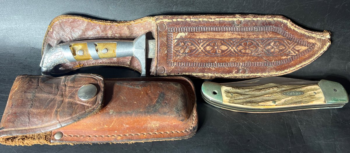Mexican Bowie Knife with Leather Sheath and KA-BAR 1189 USA Folding Knife
